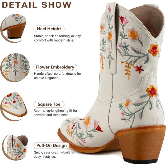 Women's White Ankle Cowgirl Boots Flower Embroidered Square Toe Chunky Heel - Picture 5 of 8